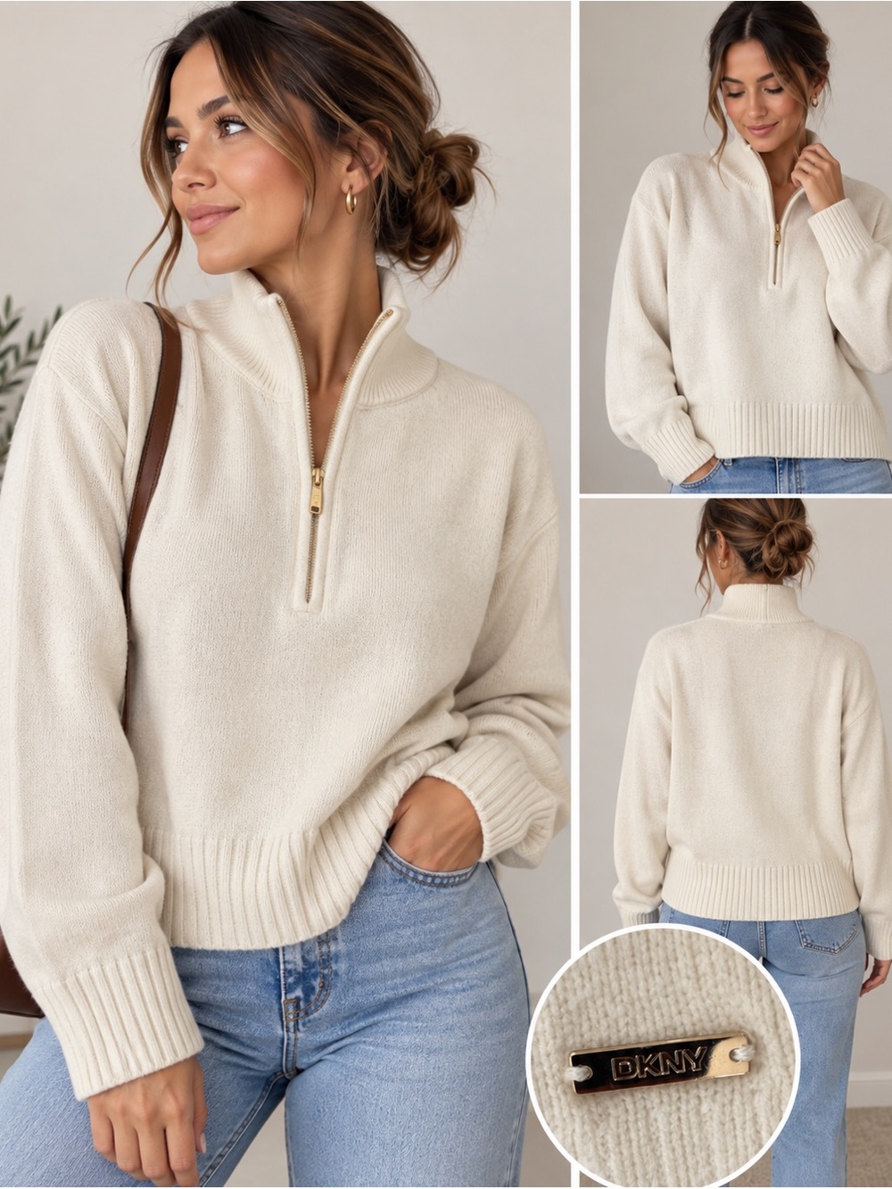 DKNY Cream Half-Zip Ribbed Turtleneck Sweater